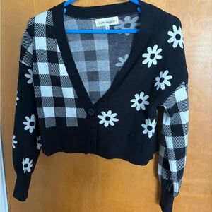 Sweet Republic Black & White Daisy Gingham Cropped Cardigan Size S